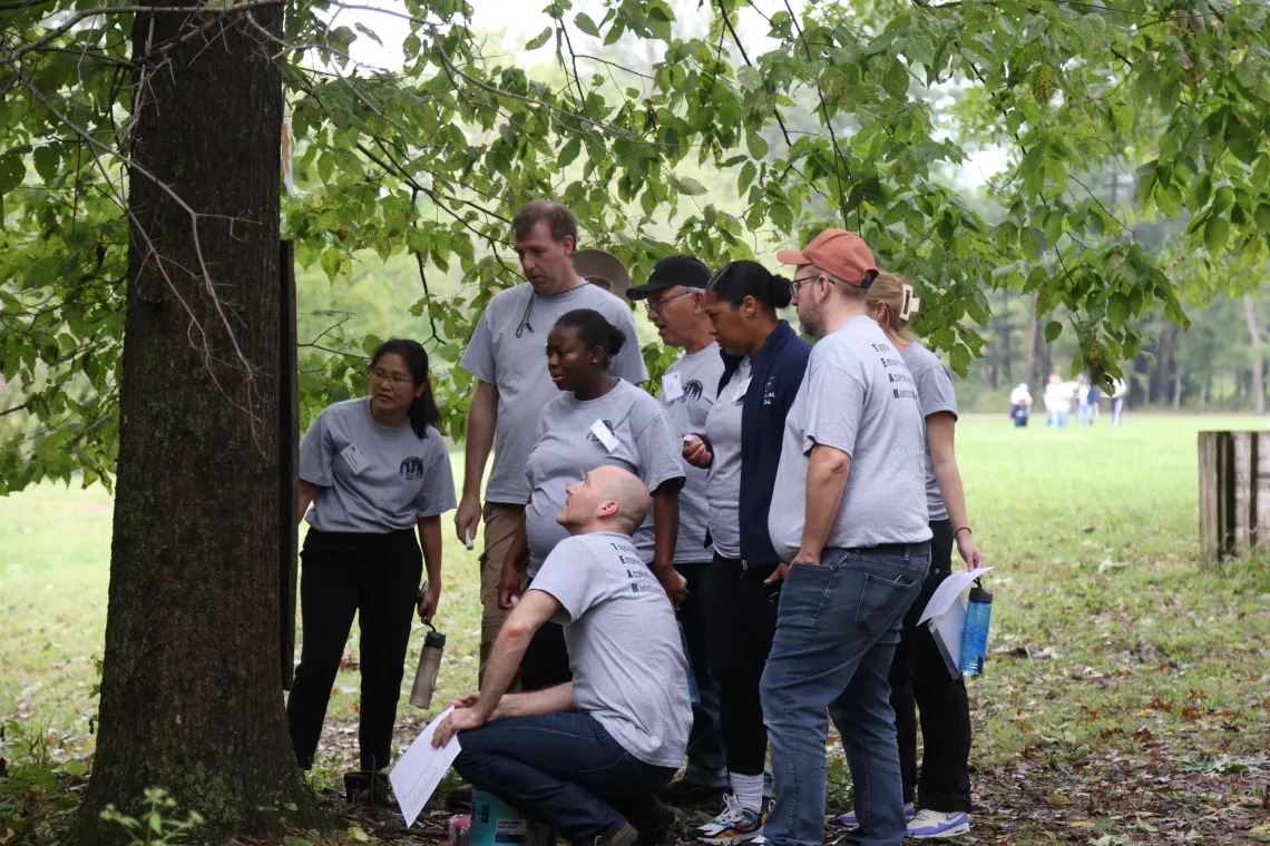 A group figuring out a puzzle in team building
